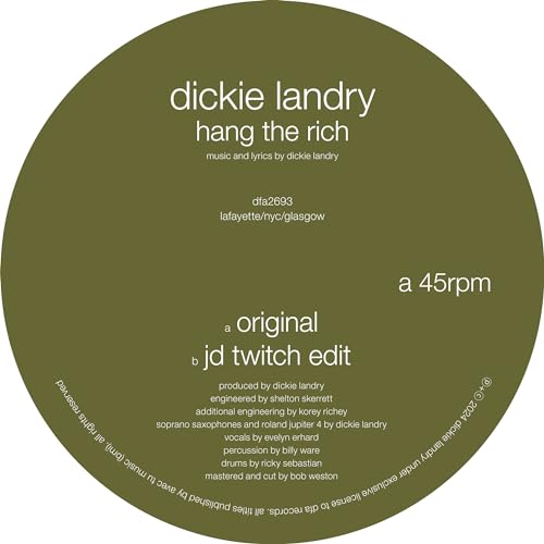 Olive green vinyl record label with white text: "Dickie Landry - Hang The Rich".