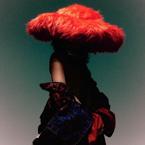 Person with back to camera wearing a large, red furry hat.