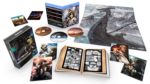 Vinland Saga Blu-ray box set with discs, artwork, and manga pages.