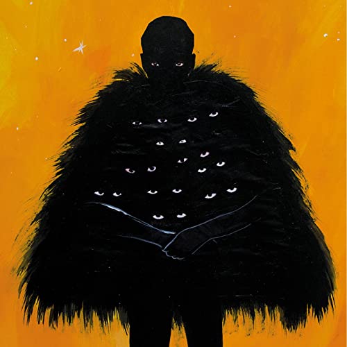 Orange background with a dark, shadowy figure covered in many eyes.