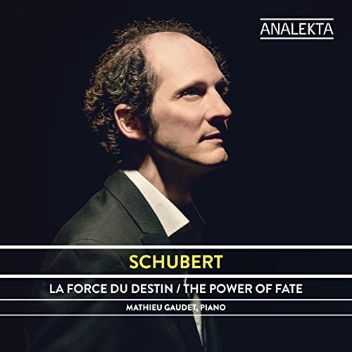 CD cover featuring pianist Mathieu Gaudet in profile, dark background.