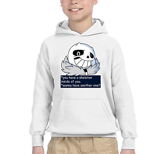 A person wearing a white hoodie featuring a cartoon skeleton and text.