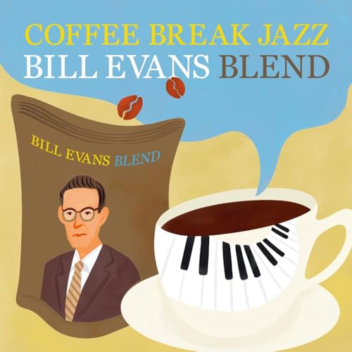 Illustration of Bill Evans, coffee beans, and a piano-key coffee cup.