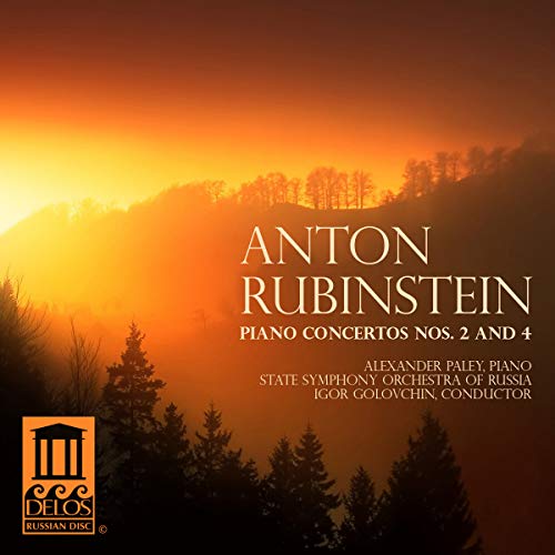 CD cover for Rubinstein piano concertos with a sunset landscape.