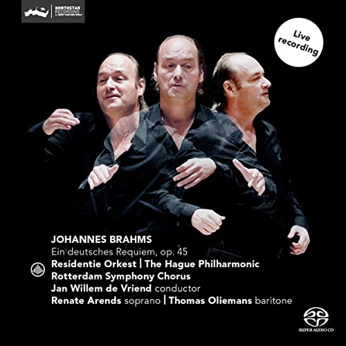 CD cover: three men in black shirts, text details Brahms' Requiem.