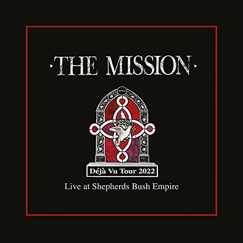 The Mission’s “Déjà Vu” live album cover with a white dove and red border.