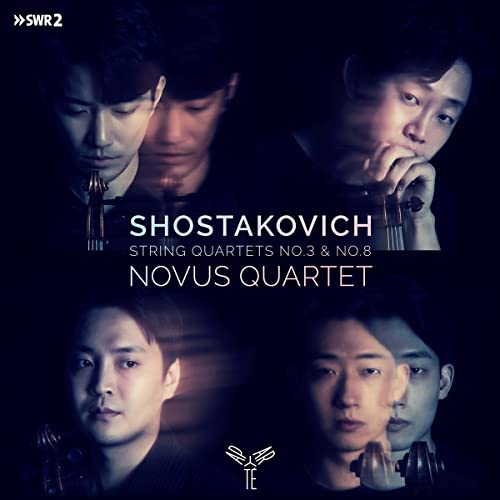 Novus Quartet CD cover featuring four musicians and text: "Shostakovich.