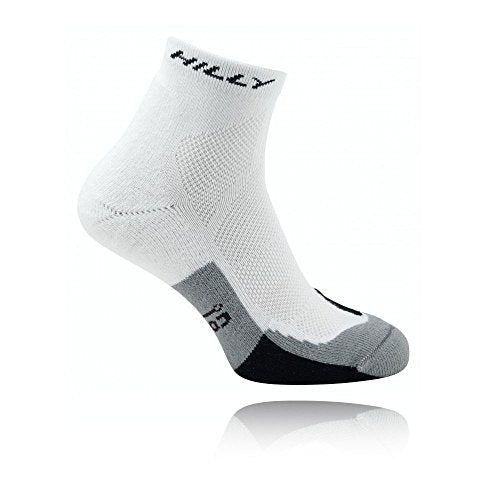 White ankle sock with grey heel and toe, on a reflective surface.