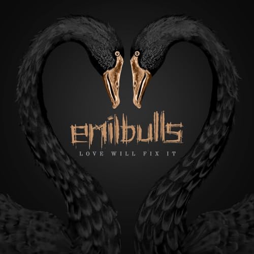 Black swan necks forming a heart shape with band name and title.