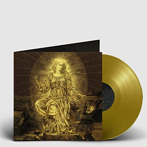 Vinyl record cover featuring a golden illustration of a glowing figure and gold disc.
