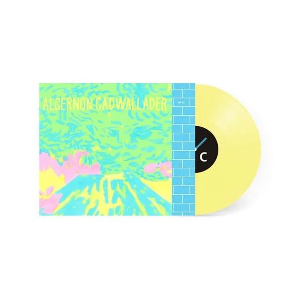 Yellow vinyl record with abstract blue and pink patterned cover art.