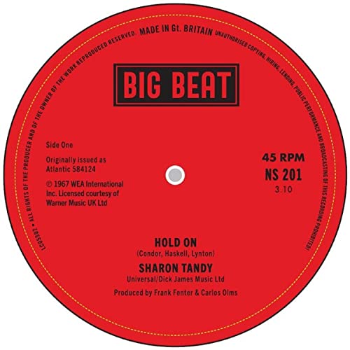 Red vinyl record label with black text: "Sharon Tandy - Hold On".