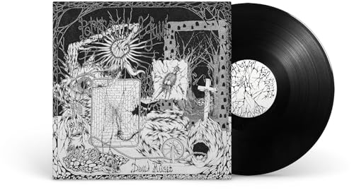 Black vinyl record with black and white illustrated album cover art.