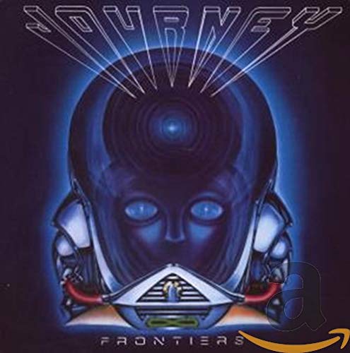 Journey’s “Frontiers” CD cover: a blue, futuristic face with glowing eyes.