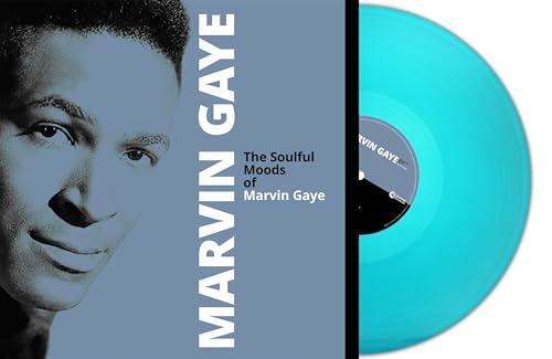 Marvin Gaye album cover featuring a portrait and turquoise vinyl record.