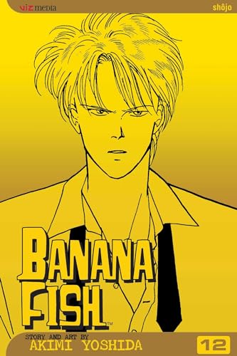 Banana Fish volume 12 manga cover featuring a line art portrait on yellow background.