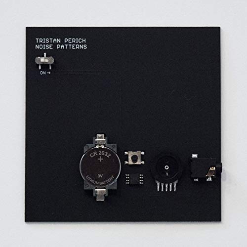 Black CD case back with battery, switches, and text: "Tristan Perich Noise Patterns".
