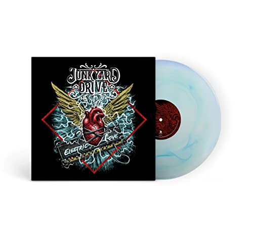 Vinyl record with marbled blue and white, next to album cover art.