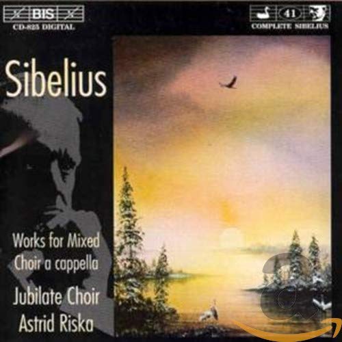 CD cover: Sibelius choral works, landscape with figures, dark portrait.
