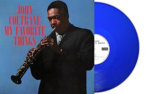 John Coltrane album cover and blue vinyl record shown together.