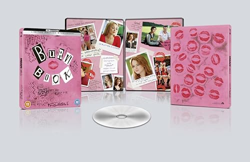 Mean Girls" Blu-ray case open with disc, featuring pink and photo collage.