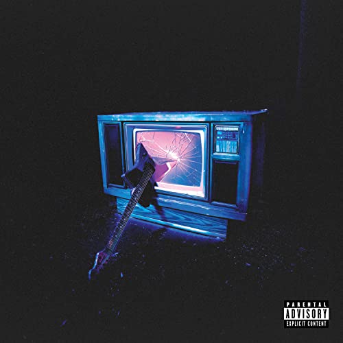 Album cover: broken TV with guitar neck protruding, dark background.