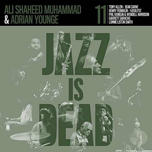 Album cover for "Jazz Is Dead" featuring portraits of jazz musicians.