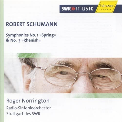 CD cover for Schumann symphonies featuring portrait of Roger Norrington.