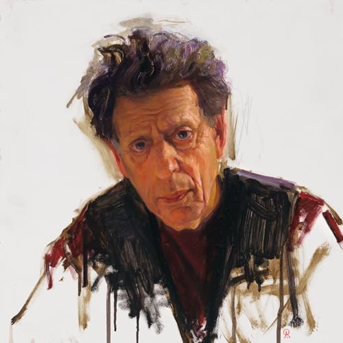Painted portrait of composer Philip Glass with dark, textured brushstrokes.
