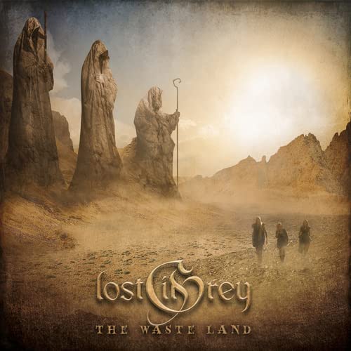 CD cover: hooded figures walking towards rocky landscape in muted tones.