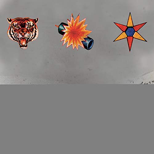 Album cover: tiger head, dynamite, and starburst on gray background.