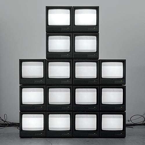 Pyramid of nine small, black and white retro televisions.