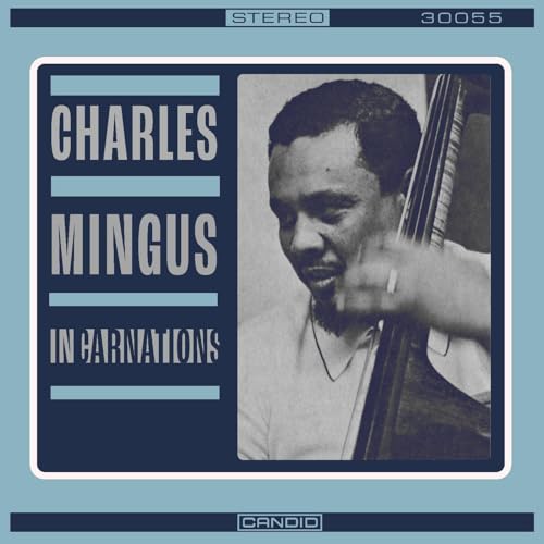 Charles Mingus portrait with bass, album cover for “Incarnations”.