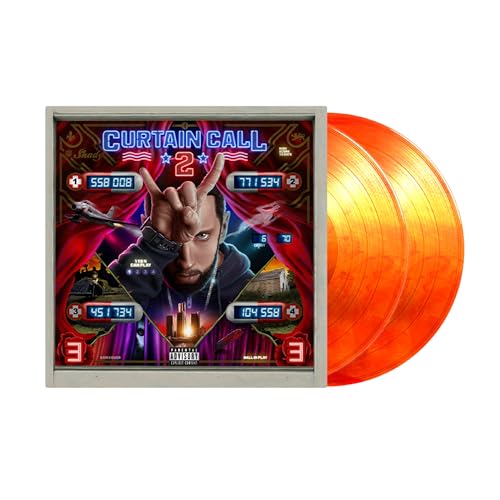 Eminem’s “Curtain Call 2” vinyl record with orange discs and pinball-themed cover.