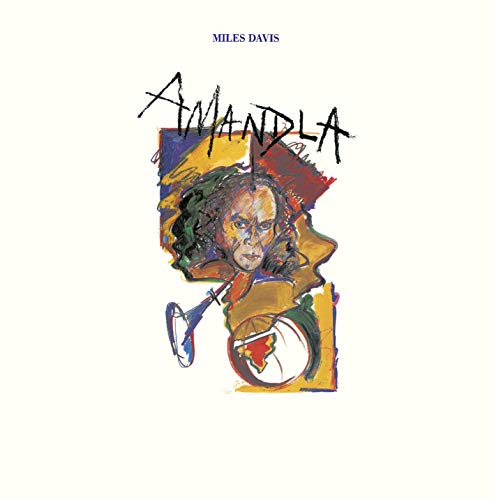 Album cover for Miles Davis’ “Amandla” with abstract portrait and trumpet.
