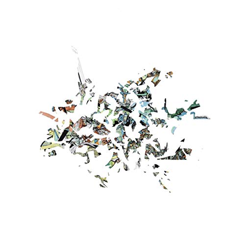 Abstract colorful shards and fragments scattered across a white background.
