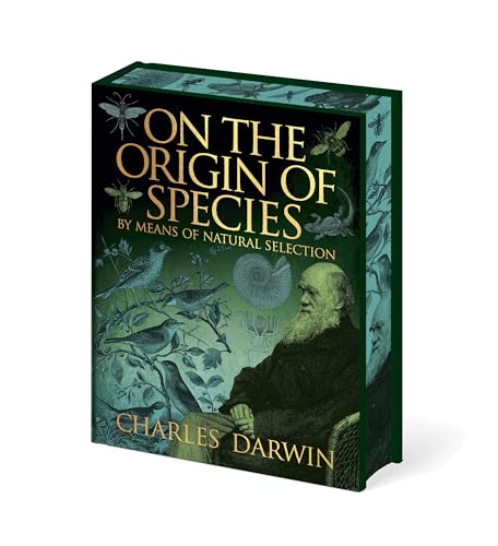 Hardcover book titled On the Origin of Species featuring Charles Darwin and nature illustrations.