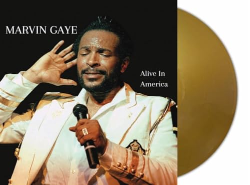 Marvin Gaye portrait with gold vinyl record, album title “Alive In America”.