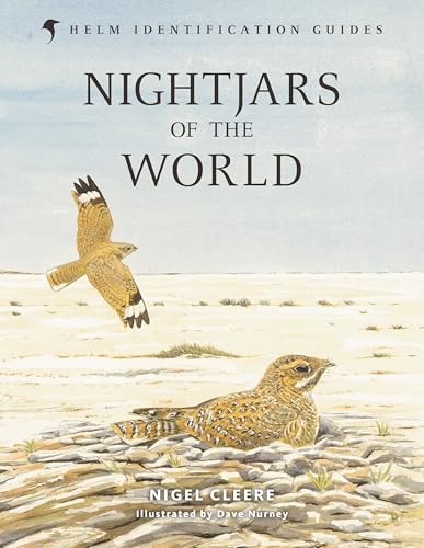 Book cover depicting two nightjars, one flying, one nesting on sandy ground.
