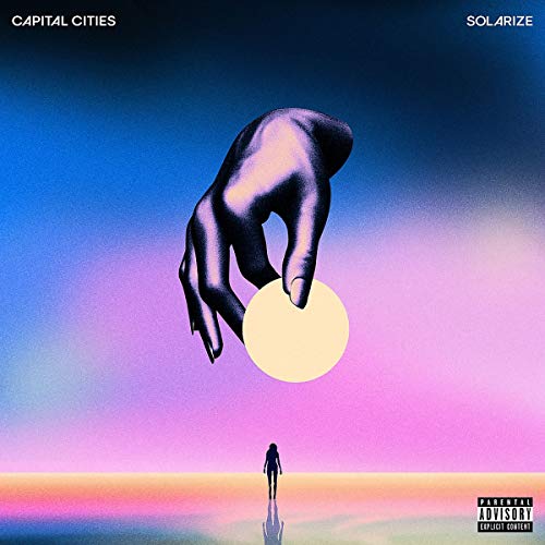 CD cover: hand holding sun over a distant figure, blue and pink.