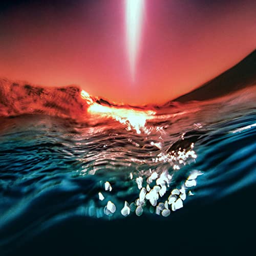 Abstract album cover with swirling water and a fiery sunset.