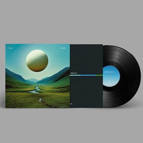 Vinyl record with cover art depicting a landscape and large sun.
