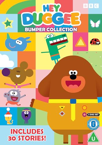Hey Duggee DVD cover featuring Duggee and colorful cartoon characters.
