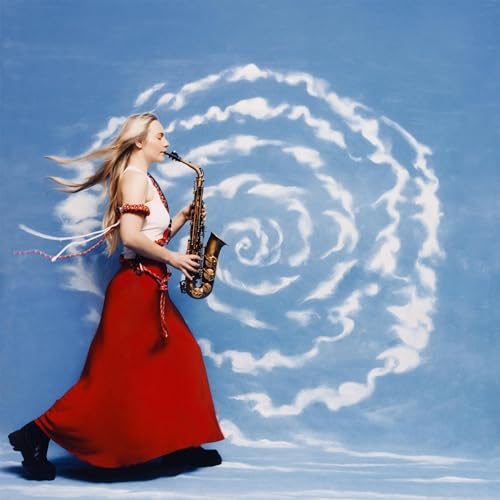 Woman playing saxophone against a blue background with a white swirl.