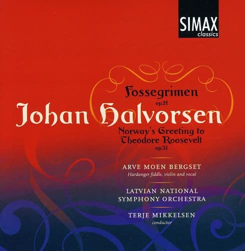 CD cover for "Halvorsen: Fossegrimen" with red background and gold lettering.