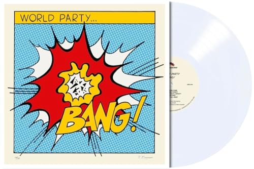 White vinyl record with comic book-style “Bang!” album cover art.
