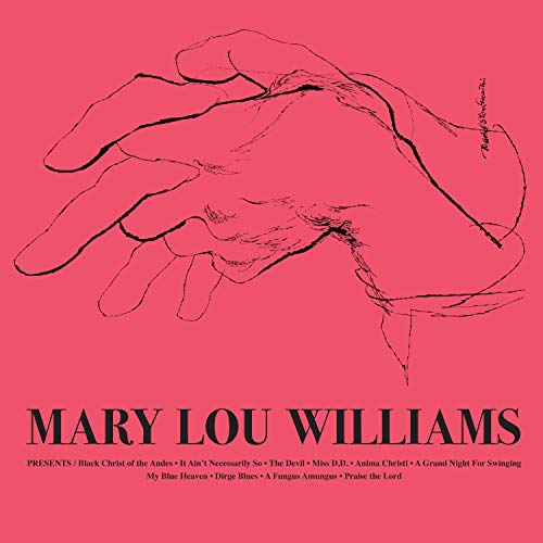 Red album cover with black line drawing of hands and text: Mary Lou Williams.