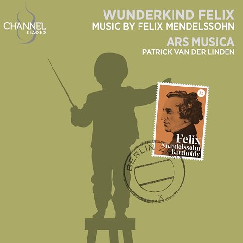 CD cover with a child's silhouette conducting and a postage stamp of Felix Mendelssohn.