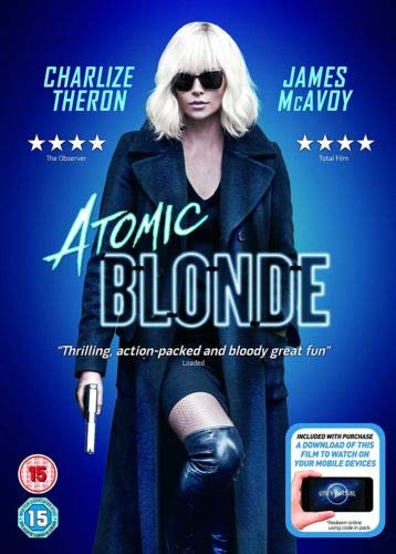 Atomic Blonde DVD cover featuring Charlize Theron in a black coat and sunglasses.