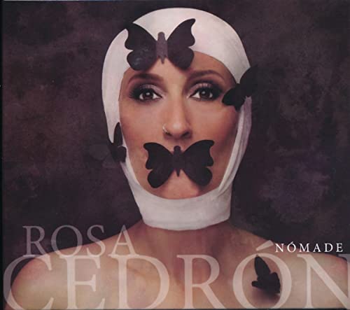 Close-up of Rosa Cedron with butterflies covering her face, album cover.